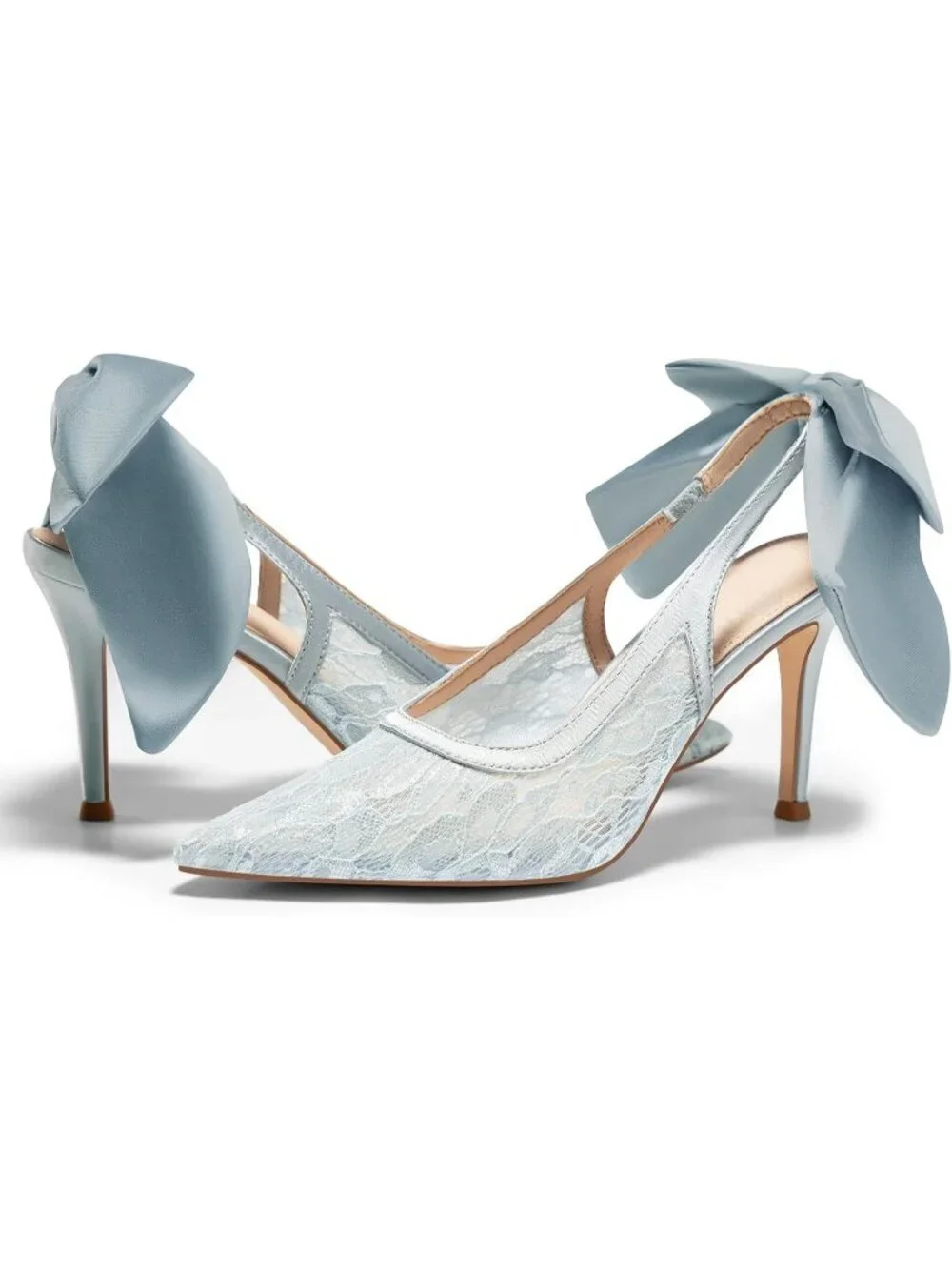 Women's Blue Slingback High Heels Bow Closed Pointed Toe Lace Patchwork Shoes